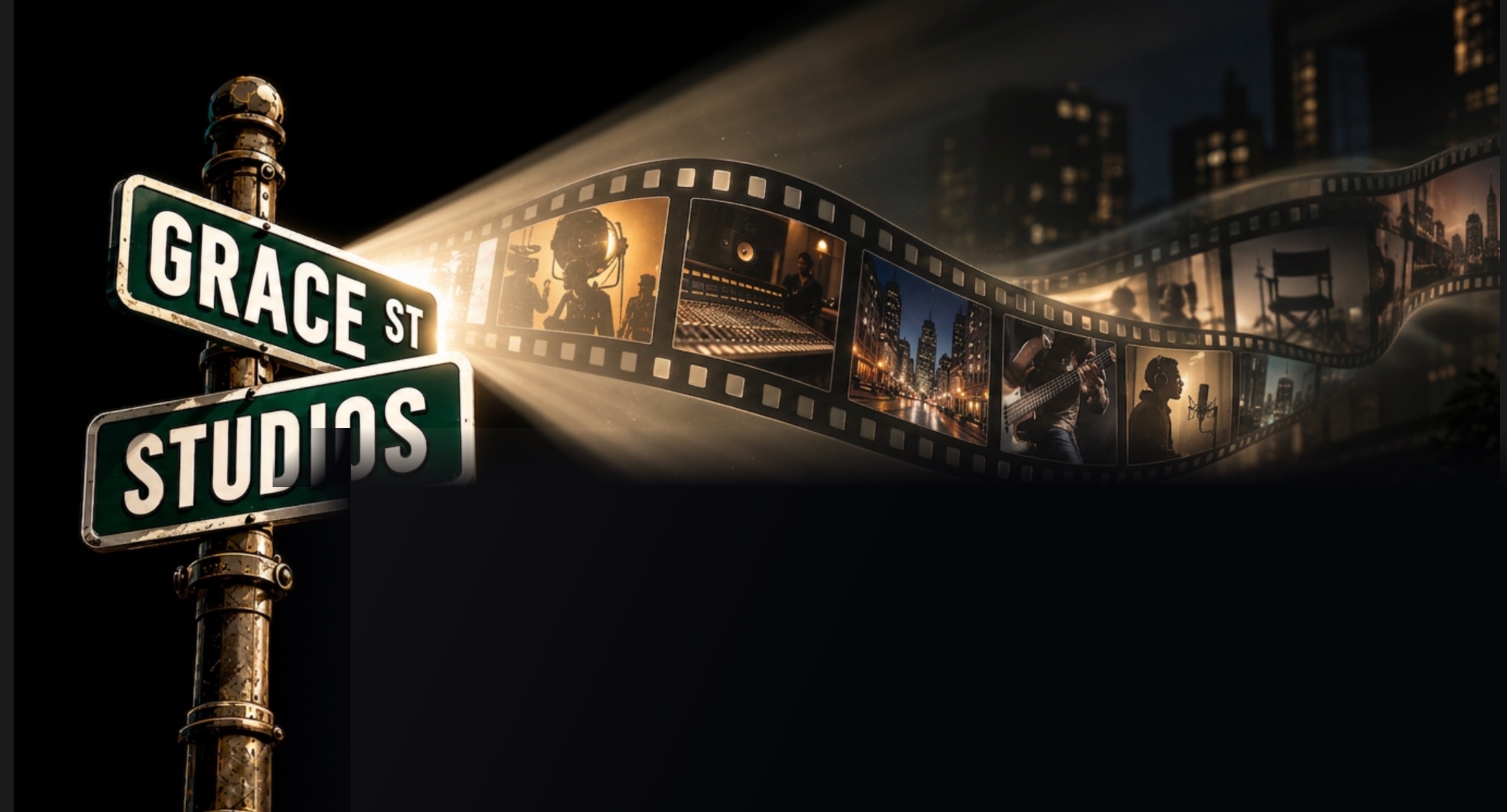 The Grace Street sign projecting a 35mm film reel across a dark studio street